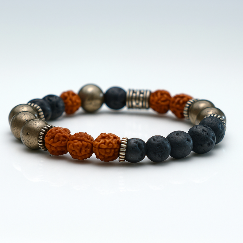 Natural Rudraksh Pyrite & Lava Stone Healing Bracelet